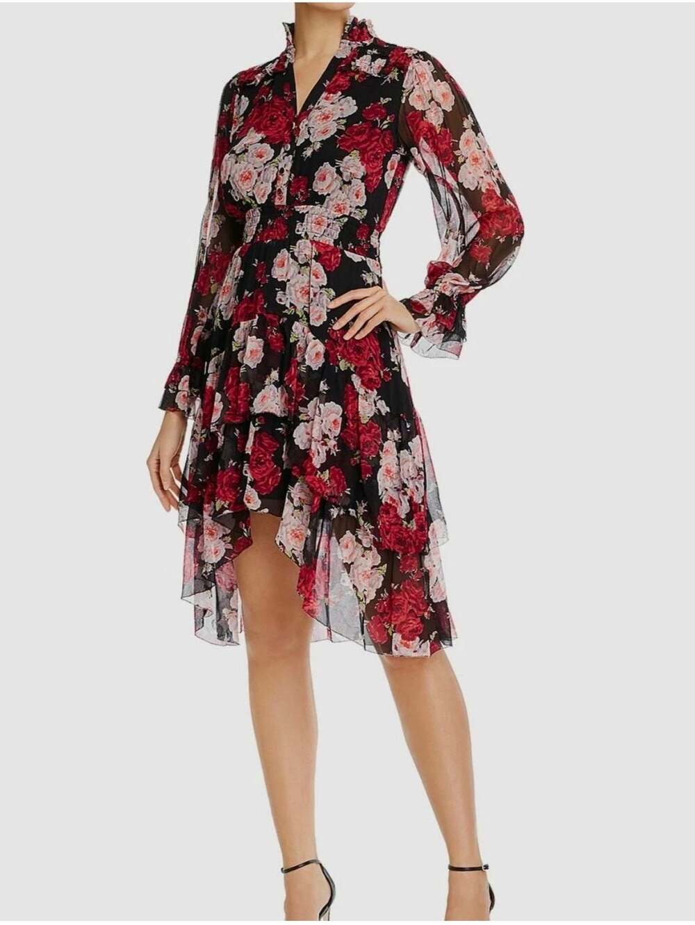 NEW The Kooples Women's Black Floral Ruffle V-Neck Button Shades Dress Size 3